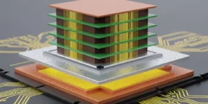 수직 적층된 HBM (고대역폭메모리) 칩의 매우 상세한 단면도 이미지