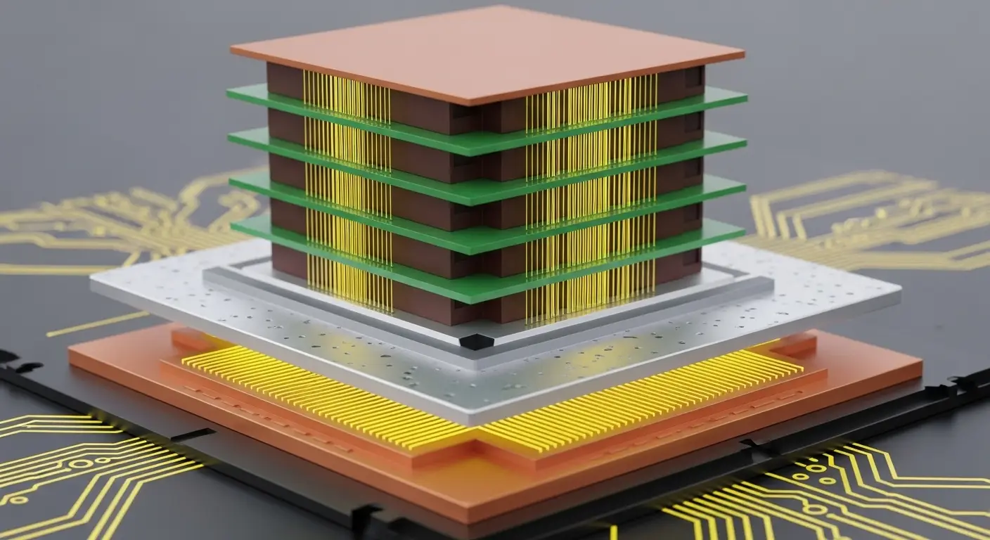 수직 적층된 HBM (고대역폭메모리) 칩의 매우 상세한 단면도 이미지     