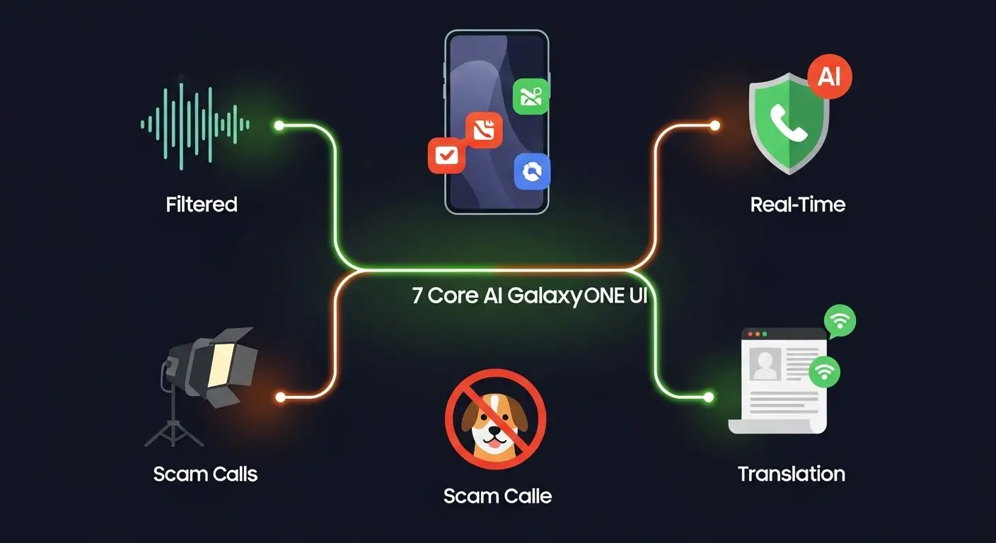 활기차고 현대적인 플랫 디자인 그래픽으로 삼성 갤럭시 ONE UI 8의 7가지 핵심 AI 기능을 묘사한 이미지  
