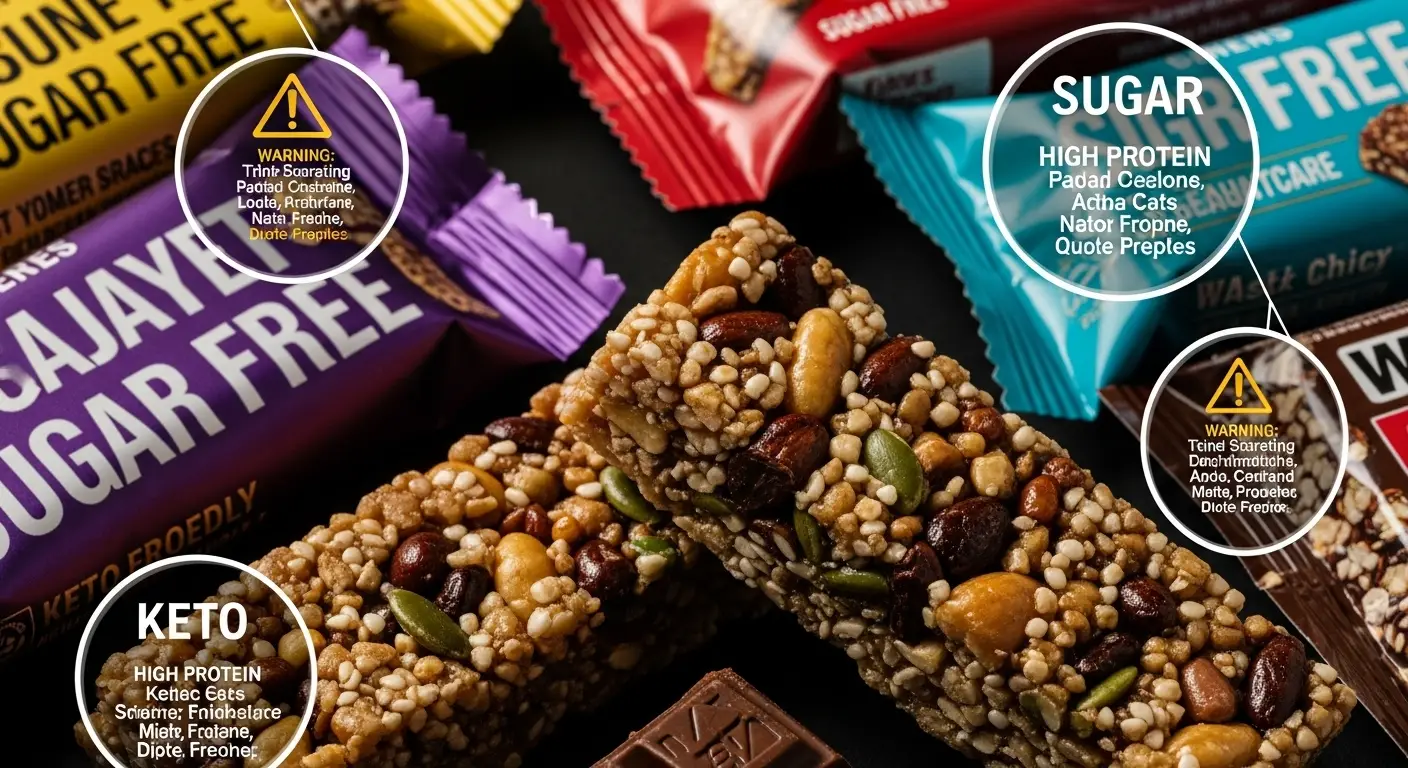  강한 조명 아래 놓인 다양한 설탕 제로 과자와 단백질 바(포장된 것과 포장되지 않은 것)의 근접 사진    