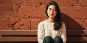 거친 테라코타(붉은 흙) 색 벽을 배경으로 한 사람이 나무 벤치에 혼자 앉아 사려 깊지만 평온한 표정을 짓고 있는 따뜻하고 부드러운 초점의 이미지