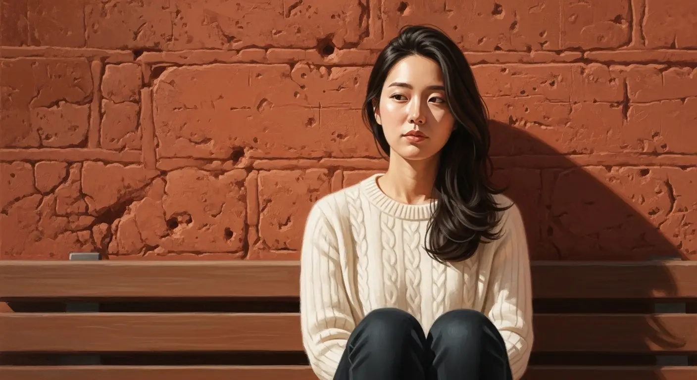 거친 테라코타(붉은 흙) 색 벽을 배경으로 한 사람이 나무 벤치에 혼자 앉아 사려 깊지만 평온한 표정을 짓고 있는 따뜻하고 부드러운 초점의 이미지   