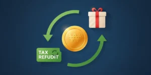 신뢰감을 주는 클래식 블루 배경 위에, 기부금(돈 기호), 세액공제 혜택(환급 화살표), 그리고 지역 특산물 답례품 상자가 순환하는 모습을 담은 현대적이고 깔끔한 스타일의 그래픽 이미지