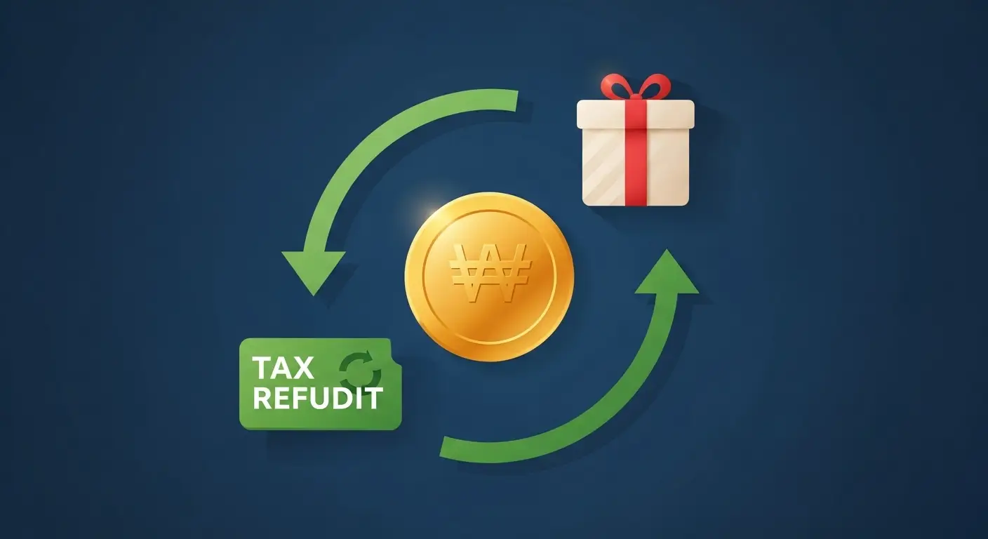  신뢰감을 주는 클래식 블루 배경 위에, 기부금(돈 기호), 세액공제 혜택(환급 화살표), 그리고 지역 특산물 답례품 상자가 순환하는 모습을 담은 현대적이고 깔끔한 스타일의 그래픽 이미지 