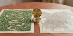 따뜻하고 컨셉적인 이미지로, 테라코타 색상의 질감 있는 테이블 위에 나침반과 서로 다른 두 개의 지도(개별적인 여정을 상징)가 놓여 있는 모습