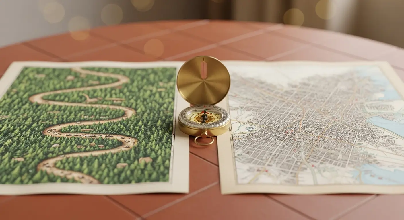  **한글:*  따뜻하고 컨셉적인 이미지로, 테라코타 색상의 질감 있는 테이블 위에 나침반과 서로 다른 두 개의 지도(개별적인 여정을 상징)가 놓여 있는 모습    