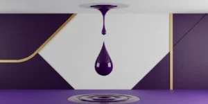 청순한 흰색 천장에서 보라색 바닥으로 떨어지는 깊은 보라색 물방울을 보여주는 이미지