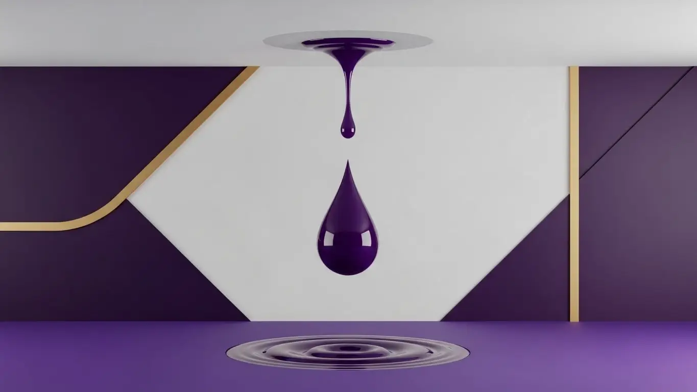   청순한 흰색 천장에서 보라색 바닥으로 떨어지는 깊은 보라색 물방울을 보여주는 이미지   