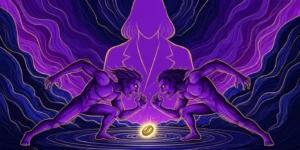 작은 물체(커피콩이나 동전)를 두고 열정적으로 다투는 두 개의 작은, 보라색 빛이 나는 인물을 극적이고 추상적으로 표현한 이미지
