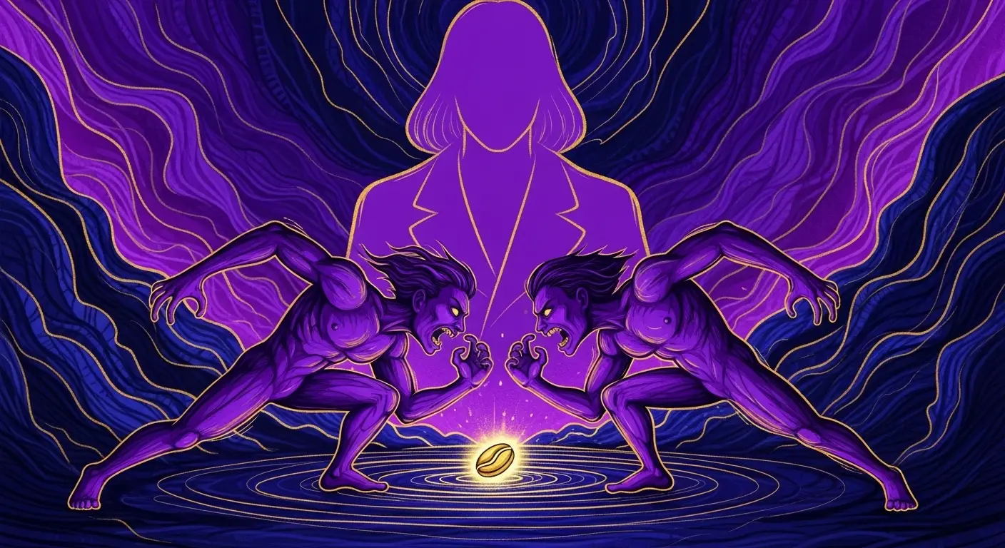 작은 물체(커피콩이나 동전)를 두고 열정적으로 다투는 두 개의 작은, 보라색 빛이 나는 인물을 극적이고 추상적으로 표현한 이미지     