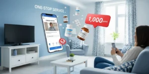 클래식 블루와 흰색 테마의 평온하고 현대적인 거실에서 스마트폰으로 화상 진료를 편안하게 받고 있는 모습