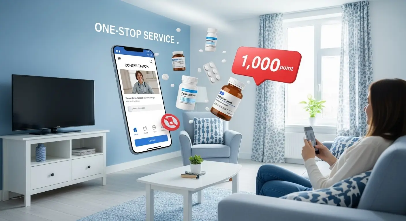 클래식 블루와 흰색 테마의 평온하고 현대적인 거실에서 스마트폰으로 화상 진료를 편안하게 받고 있는 모습    