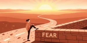 '두려움(FEAR)'이라고 표시된 심리적 벽을 넘어 어려운 첫걸음을 내딛는 사람의 모습
