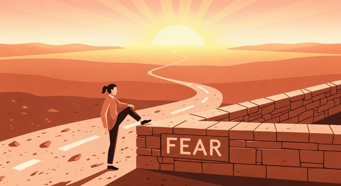 두려움(FEAR)이라고 표시된 심리적 벽을 넘어 어려운 첫걸음을 내딛는 사람의 모습  