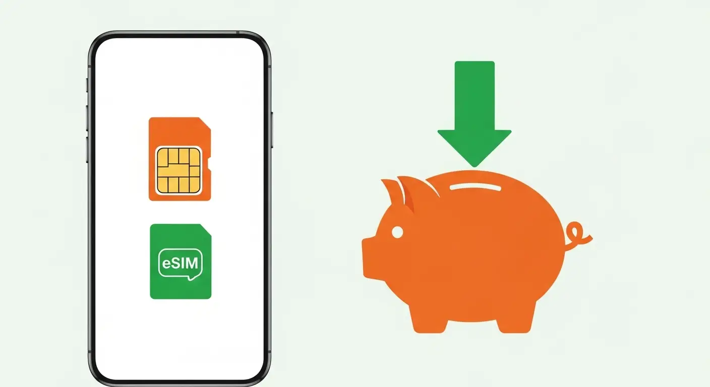  물리적 SIM 아이콘과 eSIM 아이콘, 두 개가 표시된 스마트폰과 비용 절약을 상징하는 아래쪽 화살표가 있는 돼지 저금통 이미지    
