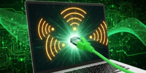 노트북 화면에서 주변에 떠다니는 와이파이 신호보다 빠르고 안정적인 이더넷 케이블이 시각적으로 명확하게 우선순위가 높게 연결된 이미지