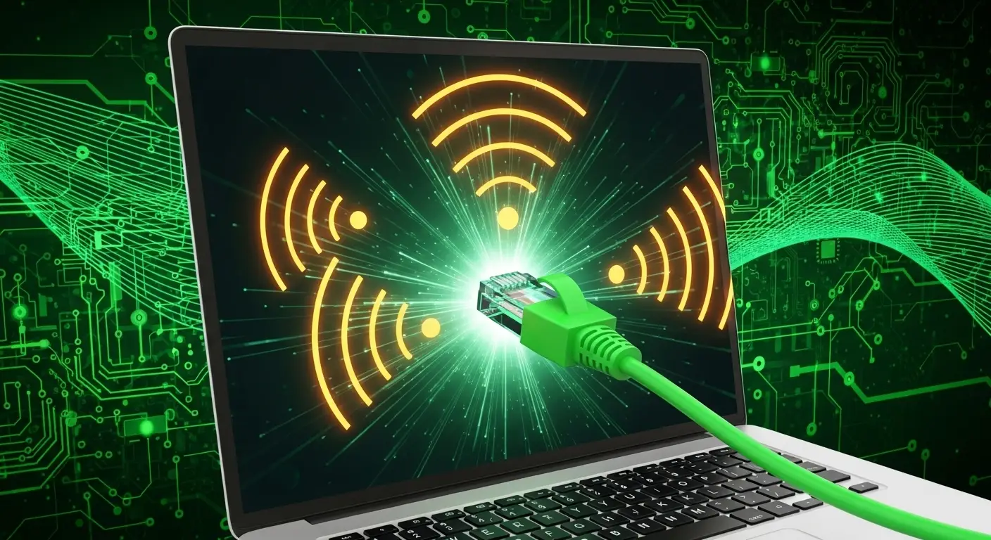  노트북 화면에서 주변에 떠다니는 와이파이 신호보다 빠르고 안정적인 이더넷 케이블이 시각적으로 명확하게 우선순위가 높게 연결된 이미지 