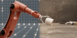 테라코타 색상의 로봇 팔이 실제 물체(예: 섬세한 세라믹 컵)를 조심스럽게 들고 있는 이미지