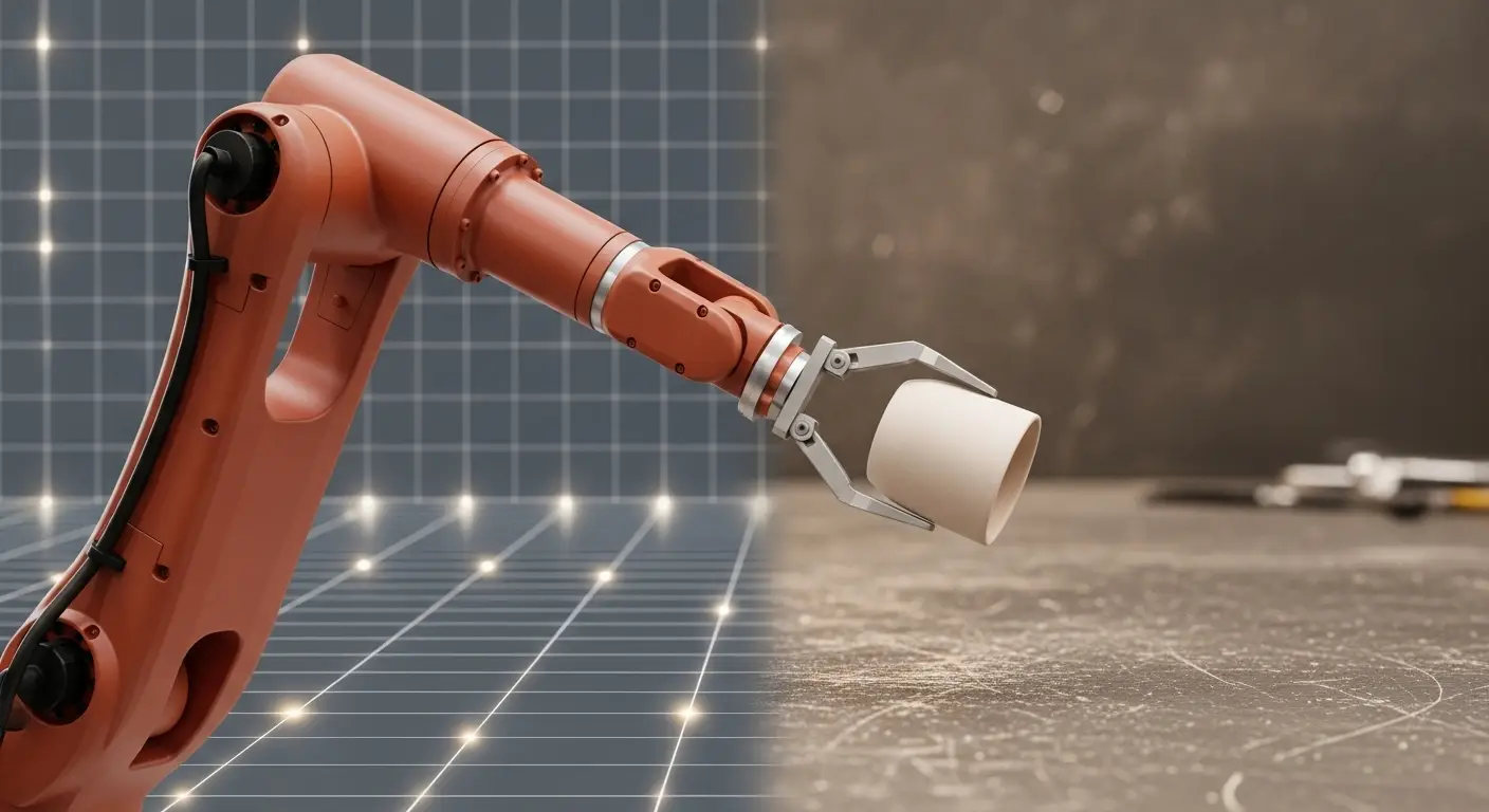  테라코타 색상의 로봇 팔이 실제 물체(예: 섬세한 세라믹 컵)를 조심스럽게 들고 있는 이미지 