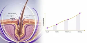 건강한 모낭의 확대 단면도와 젊음에서 노년까지 머리카락 성장 속도가 점진적으로 감소하는 모습을 보여주는 타임라인 그래프 이미지