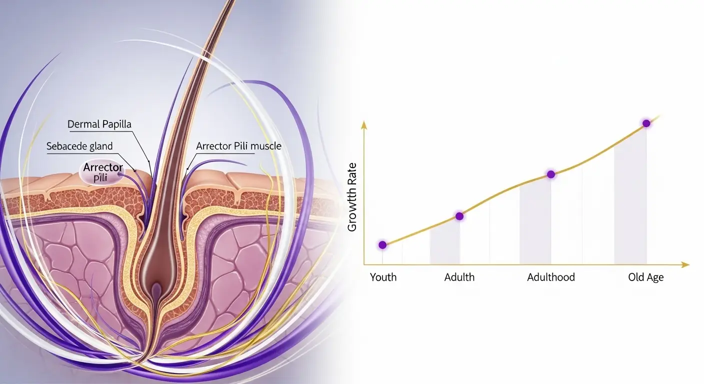 건강한 모낭의 확대 단면도와 젊음에서 노년까지 머리카락 성장 속도가 점진적으로 감소하는 모습을 보여주는 타임라인 그래프  