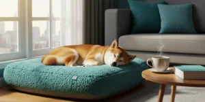 아늑하고 현대적인 거실, 햇볕이 잘 드는 창가 옆 푹신한 쿠션 위에서 평화롭게 잠든 시바견 한 마리 모습