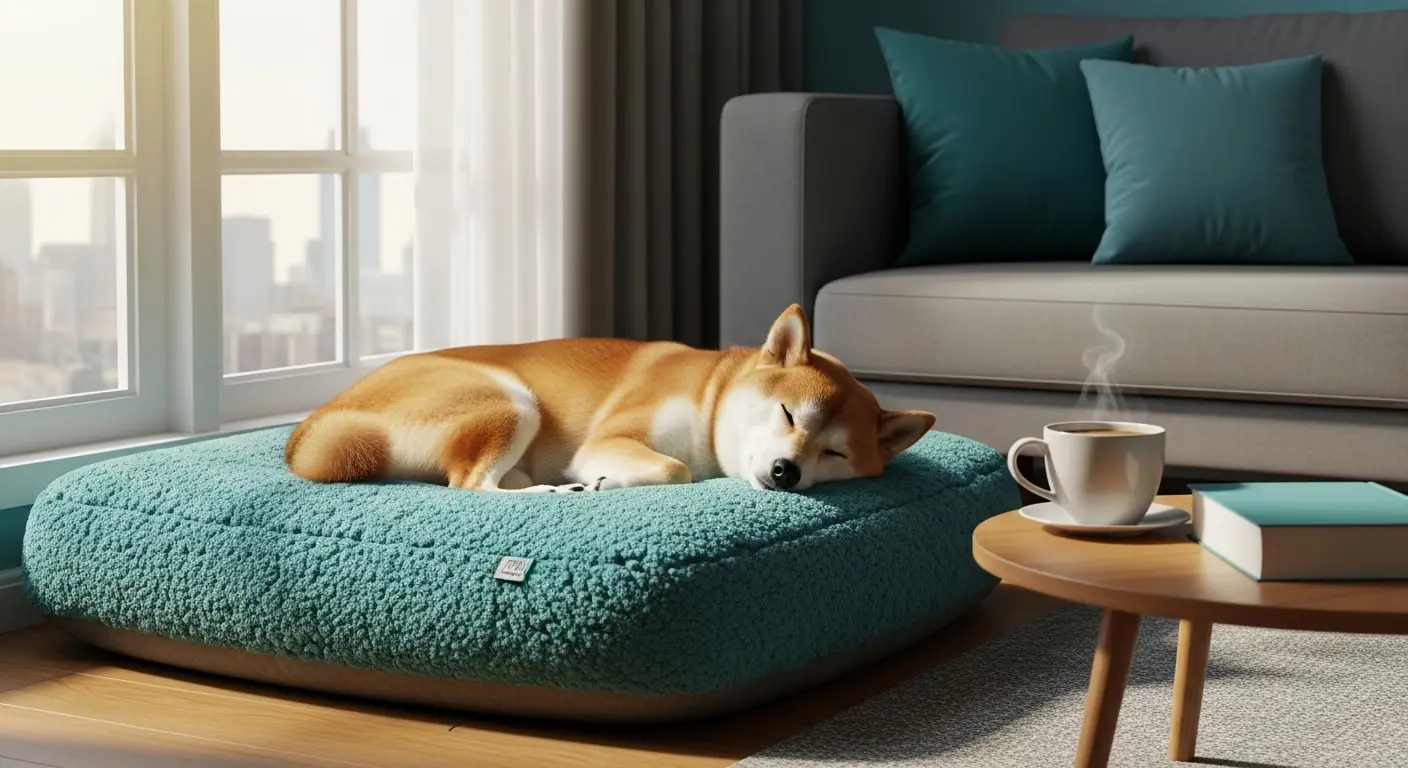  아늑하고 현대적인 거실, 햇볕이 잘 드는 창가 옆 푹신한 쿠션 위에서 평화롭게 잠든 시바견 한 마리 모습 