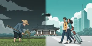 과거 한국 전통 농부가 어두운 하늘 아래 논에서 힘겹게 일하는 모습과, 현대의 세련되고 행복한 젊은 부부가 미래 도시에서 가볍게 여행하는 모습
