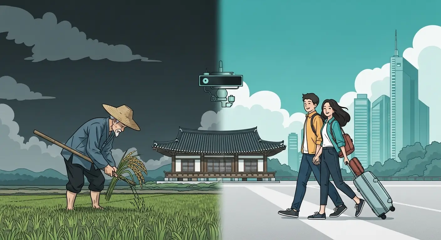 과거 한국 전통 농부가 어두운 하늘 아래 논에서 힘겹게 일하는 모습과, 현대의 세련되고 행복한 젊은 부부가 미래 도시에서 가볍게 여행하는 모습  