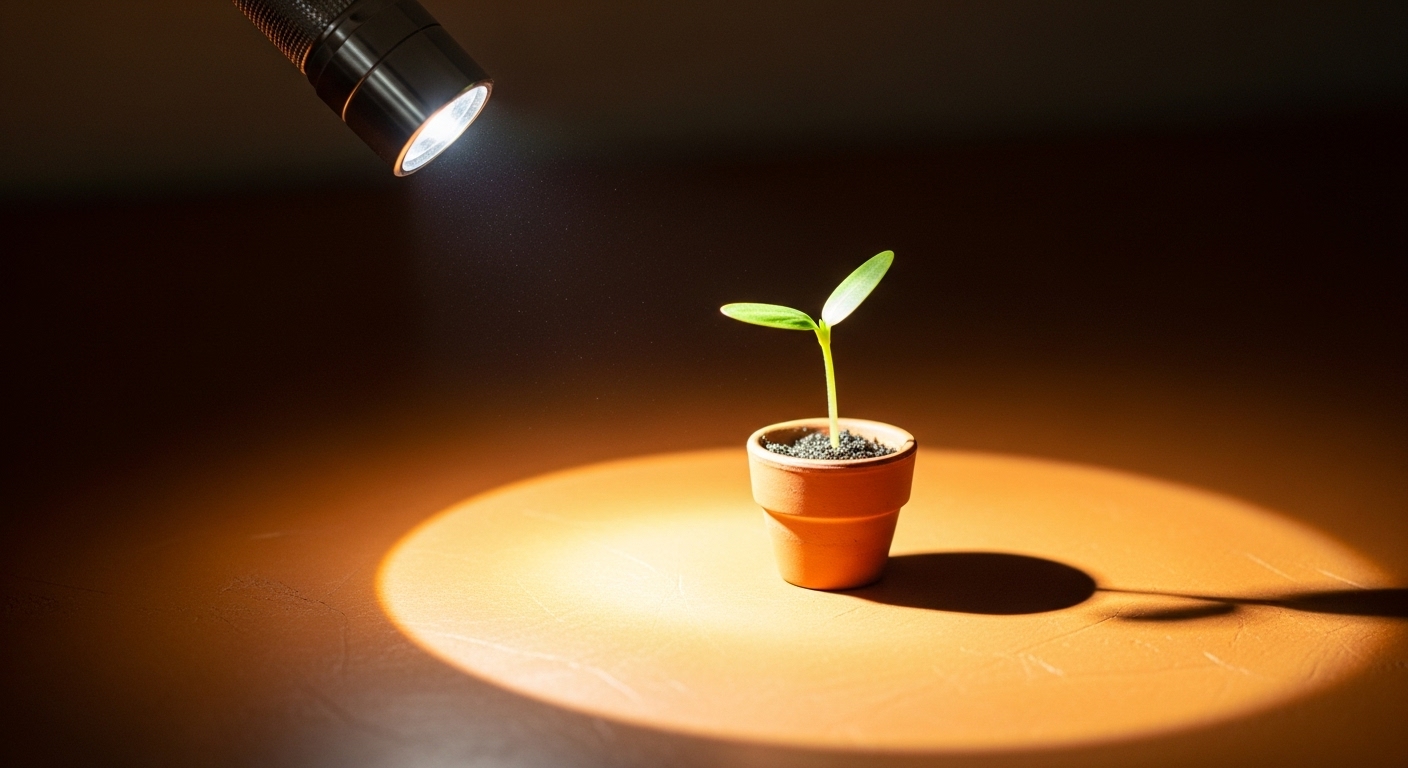 따뜻한 테라코타 톤의 아늑한 책상 위, 손전등이 비추는 곳에 작은 씨앗 하나가 새싹을 틔우고 있는 모습 