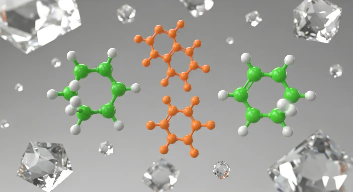 설탕 결정을 배경으로, 밝게 빛나는 녹색과 오렌지색의 추상적인 유기 분자 모형(당알코올과 인공 감미료를 상징)이 공중에 떠 있는 모습 