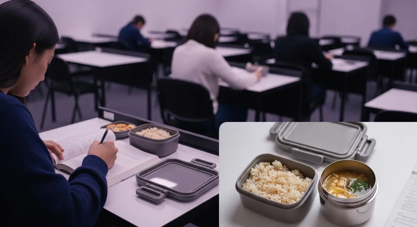  수능 시험장 책상 위, 따뜻한 보온 도시락과 함께 집중력 높은 표정으로 공부하는 수험생의 모습    