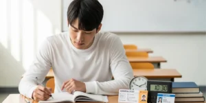 교실 책상에 앉아 수능 유의사항 목록을 확인하는 차분하고 집중한 학생 모습