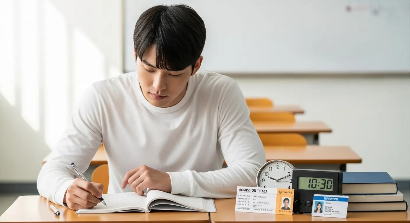  교실 책상에 앉아 수능 유의사항 목록을 확인하는 차분하고 집중한 학생 모습. >


<p data-ke-size=