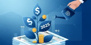 현대적이고 깔끔한 그래픽 디자인으로 세금 양식과 돈이 성장하는 모습을 표현하며, 숫자 '2025'가 눈에 잘 띄게 배치된 전문적인 파란색 팔레트의 이미지