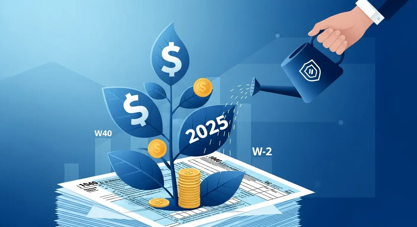 현대적이고 깔끔한 그래픽 디자인으로 세금 양식과 돈이 성장하는 모습을 표현하며, 숫자 '2025'가 눈에 잘 띄게 배치된 전문적인 파란색 팔레트의 이미지  