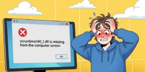 컴퓨터 화면에 'vcruntime140_1.dll이 없어 코드 실행을 진행할 수 없습니다'라는 오류 메시지 창이 떠 있고, 그 앞에서 사용자가 머리를 감싸쥐고 난감해하는 모습