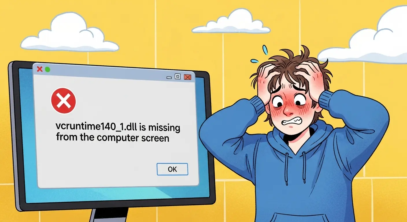 컴퓨터 화면에 'vcruntime140_1.dll이 없어 코드 실행을 진행할 수 없습니다'라는 오류 메시지 창이 떠 있고, 그 앞에서 사용자가 머리를 감싸쥐고 난감해하는 모습 