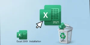 컴퓨터 화면에 엑셀 2021 아이콘이 휴지통으로 드래그되는 모습