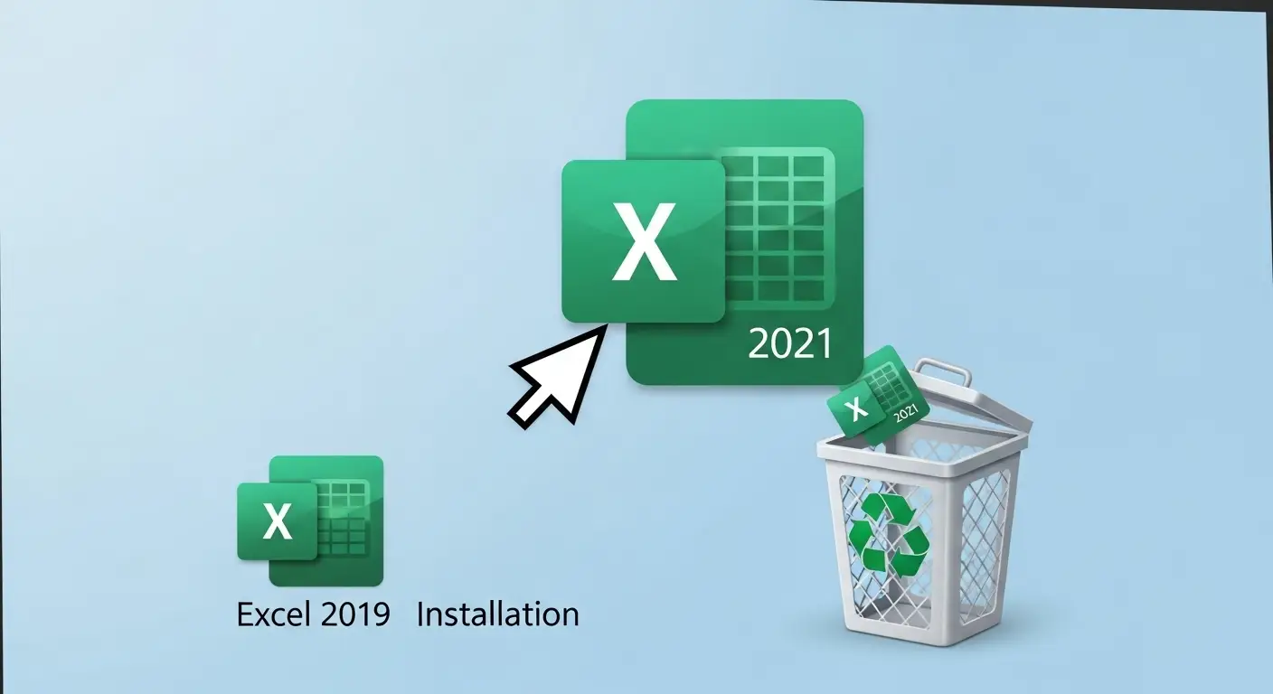  컴퓨터 화면에 엑셀 2021 아이콘이 휴지통으로 드래그되는 모습 
