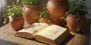 오래된 나무 테이블 위에 따뜻한 황금빛을 내뿜으며 펼쳐져 있는 빈티지한 책과 주변에는 테라코타 화분과 초록 잎들이 있는 이미지