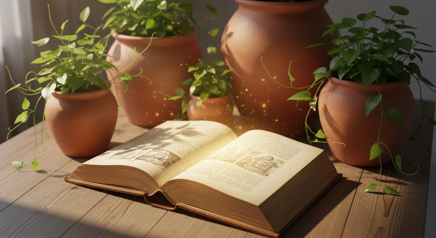  오래된 나무 테이블 위에 따뜻한 황금빛을 내뿜으며 펼쳐져 있는 빈티지한 책과 주변에는 테라코타 화분과 초록 잎들이 있는 이미지  