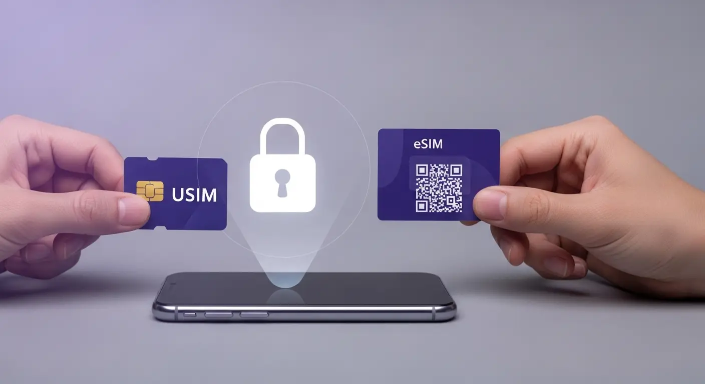  새 스마트폰을 설정하는 사람의 세련된 이미지. 화면에는 인증 및 보안을 상징하는 자물쇠 아이콘이 떠 있고, 한 손에는 물리적인 USIM 카드를, 다른 한 손에는 eSIM QR 코드가 있는 카드를 들고 비교하는 이미지    