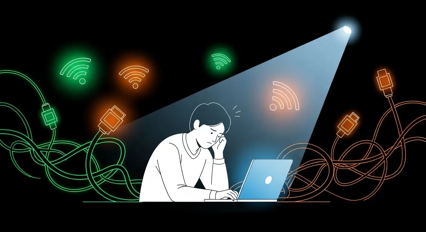  노트북 앞에서 좌절하는 사람의 모습과, 그 주변에 녹색과 주황색 불빛이 켜진 와이파이 아이콘과 네트워크 케이블이 복잡하게 얽힌 이미지    