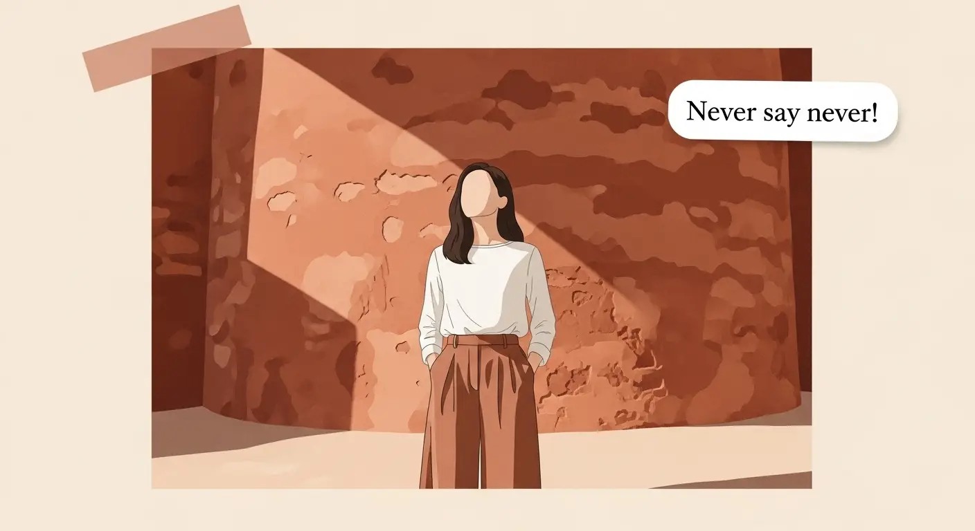  따뜻하고 부드러운 햇빛이 비치는 웅장하고 고풍스러운 테라코타(적갈색) 벽 앞에 당당하게 서 있는 여자이미지  