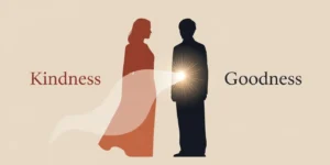 두 사람의 실루엣 중 하나(착함)는 약간 투명하고 구부러진 형태로 표현되고, 다른 하나(좋음)는 단단하게 서 있으며 중심에 빛나는 부분이 있는 이미지