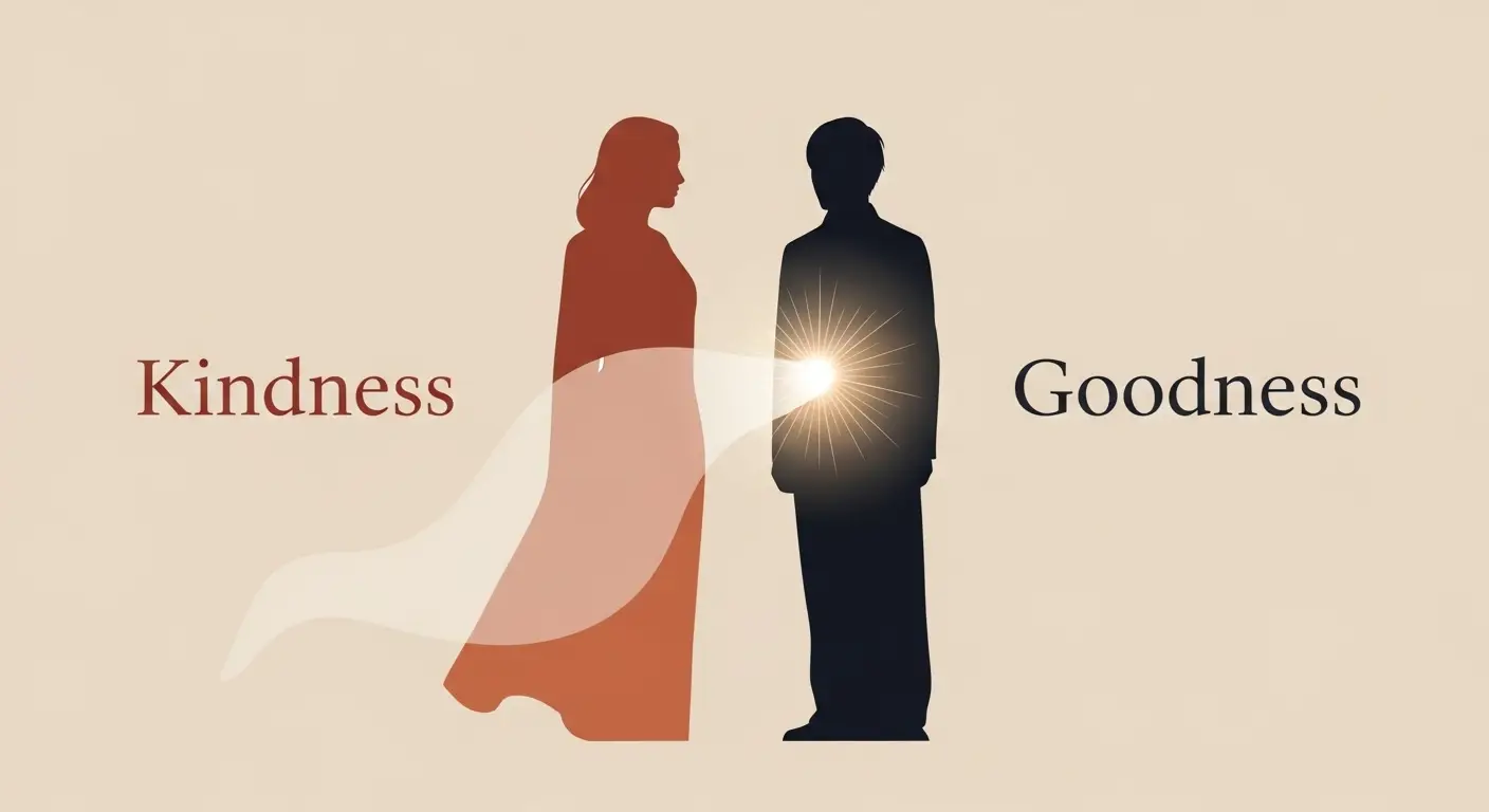 두 사람의 실루엣 중 하나(착함)는 약간 투명하고 구부러진 형태로 표현되고, 다른 하나(좋음)는 단단하게 서 있으며 중심에 빛나는 부분이 있는 이미지  