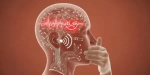 머리 속에 복잡한 회로도처럼 얽힌 감정(빨간색 불빛)과 귀(청각 센서)가 연결된 모습과 한 사람이 손을 입에 대고 목소리를 조절하려는 듯한 자세를 취하고 있는 이미지