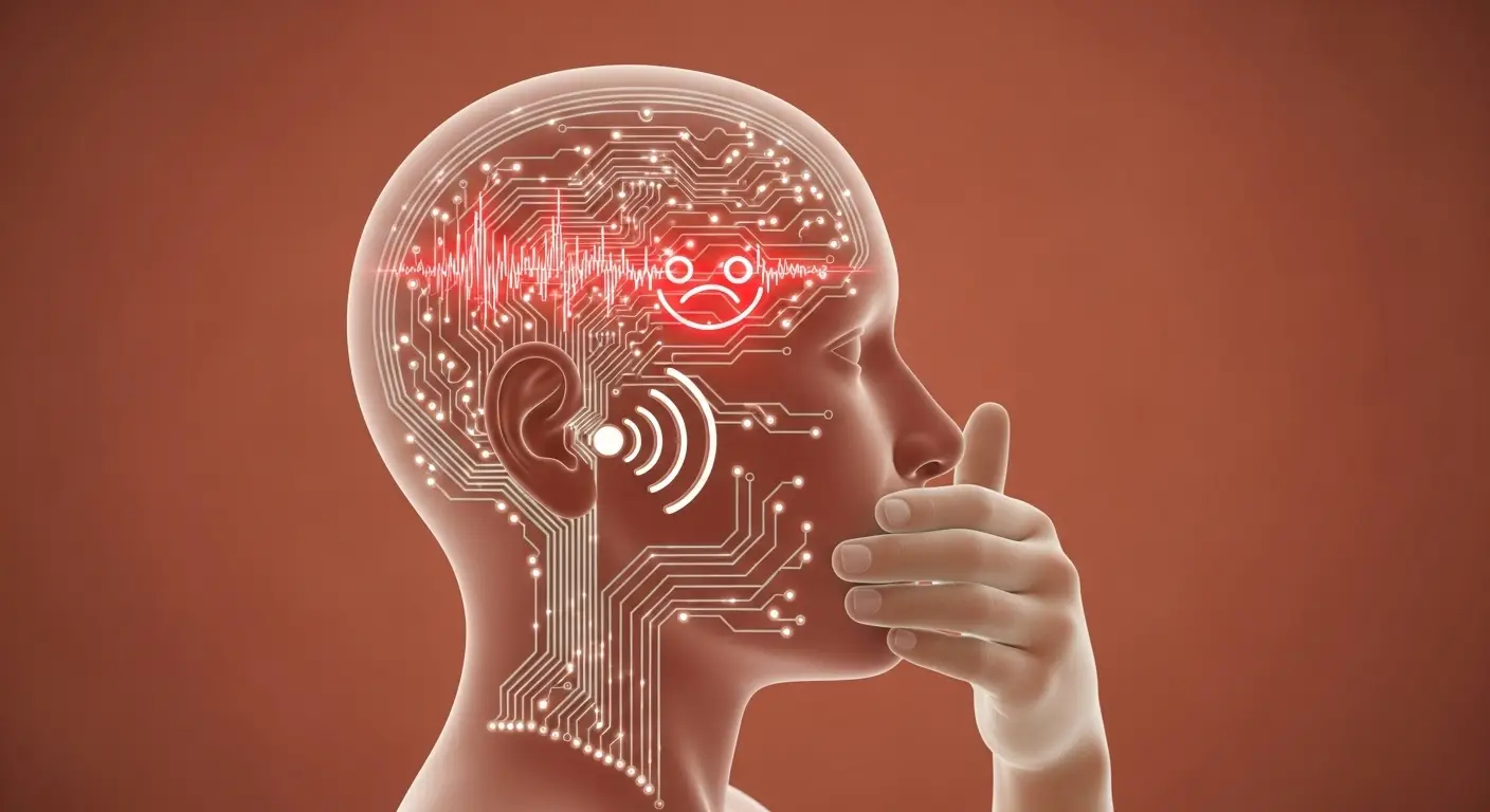  머리 속에 복잡한 회로도처럼 얽힌 감정(빨간색 불빛)과 귀(청각 센서)가 연결된 모습과 한 사람이 손을 입에 대고 목소리를 조절하려는 듯한 자세를 취하고 있는 이미지   