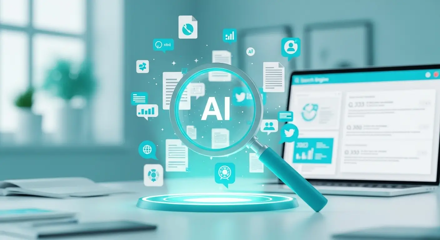  AI 검색 엔진 인터페이스를 표현한 미래지향적인 디지털이미지 